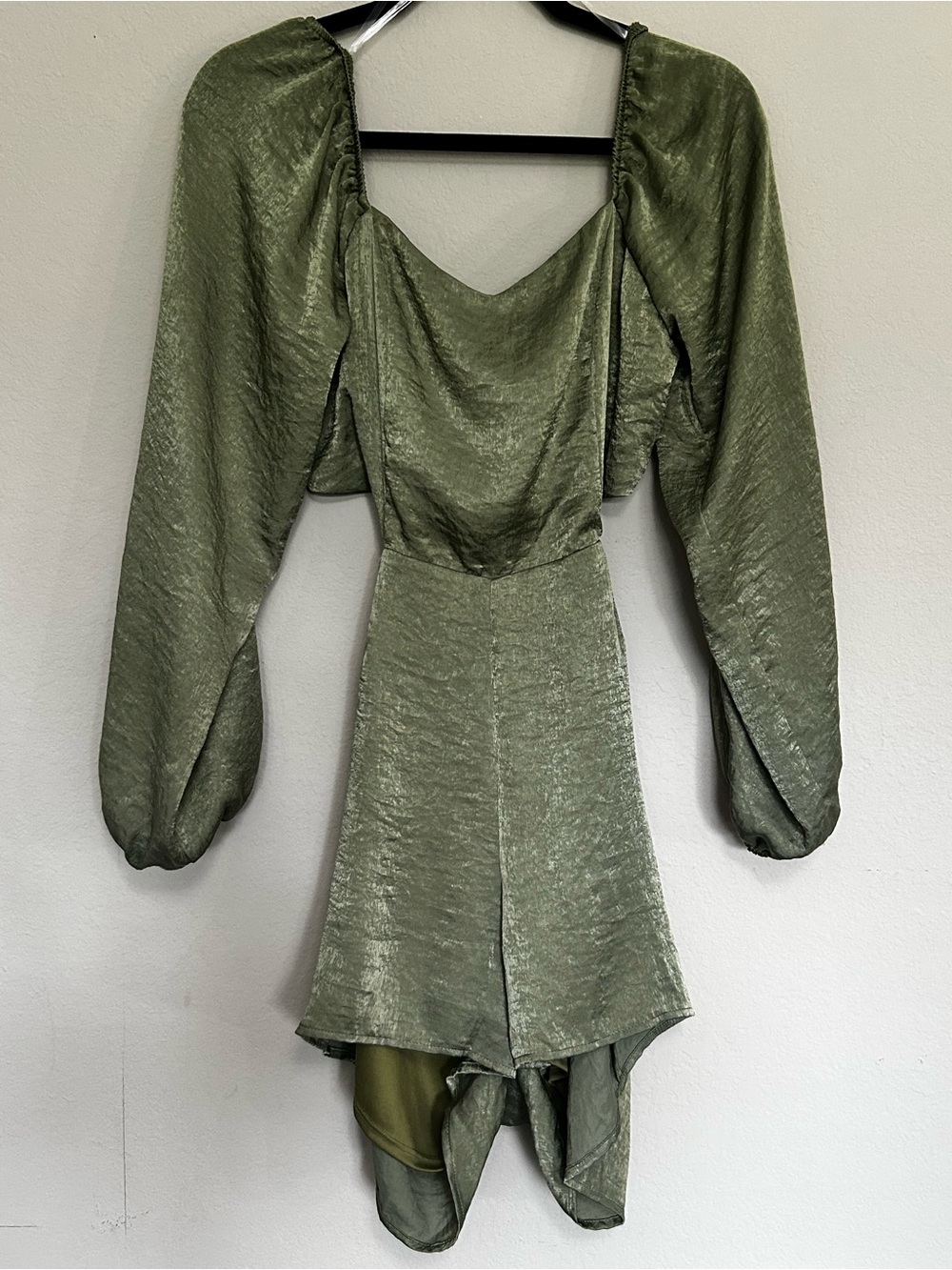 LE LIS Collection Sage Green Satin Romper Long Puff Sleeve Open Back Size M